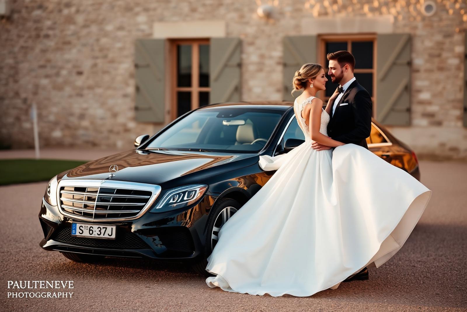Couple de mariés et voiture de prestige